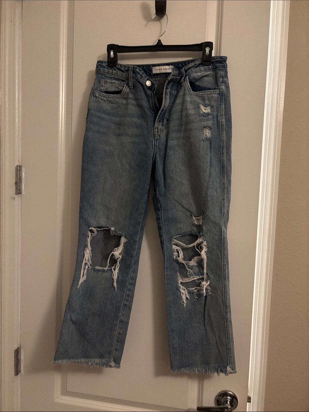 Flying Monkey Distressed Ankle Crop Jeans in Light Blue Denim